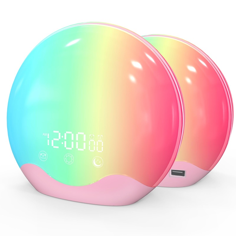 Light alarm clock daylight alarm clock wake up light sunrise sunset simulation alarm clock radio 5 natural noises 2 alarms snooze 12 color light 20 brightness bedside lamp for children adult