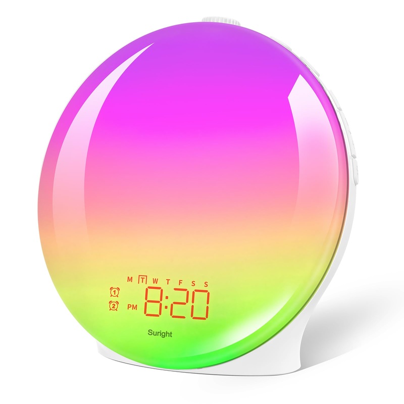 Light alarm clock daylight alarm clock wake up light with double alarms sunrise sunset simulation 20 brightness snooze 19 colors 15 natural noises and FM radio for adults & children white