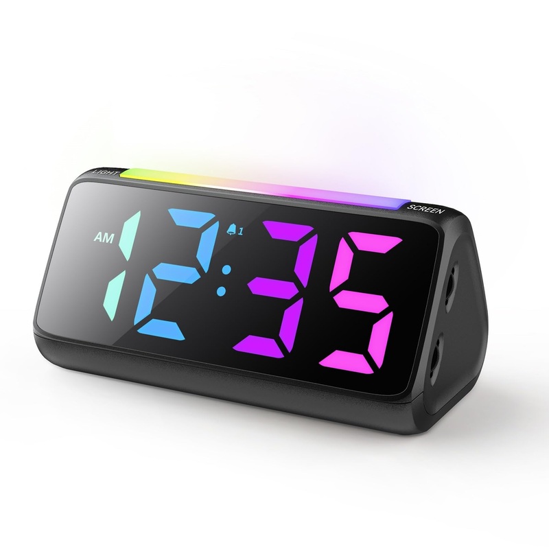 Netzu alarm clock digital digital alarm clock children with light colorful LED display 0-100% brightness dimmer 2 alarms snooze 3 alarm clock thickness USB loading connection children’s alarm for bedrooms black