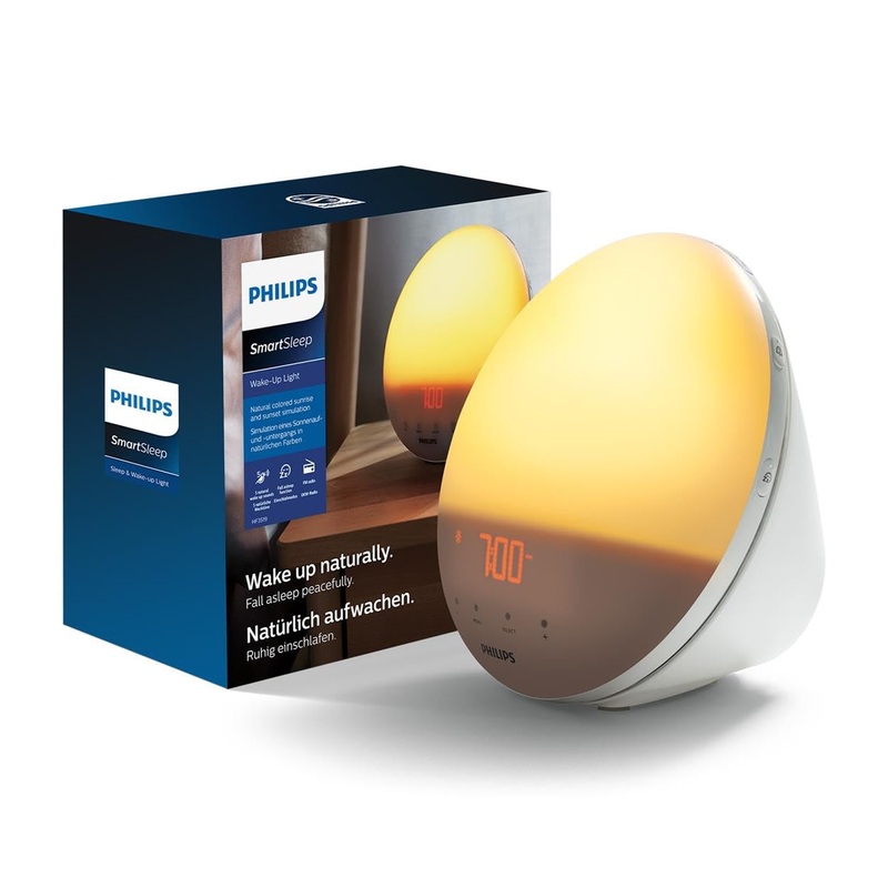 Philips Wake-up Light colorful sunrise simulation 20 light intensities 7 natural sounds midnight light (model HF3531/01)