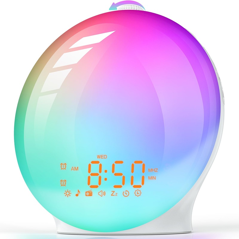 RGB dynamic light alarm clock day light alarm rotary switch Wake Up Light sunrise sunset simulation 14 color light 7 natural noises & radio 2 alarms slumber function 20 brightness white