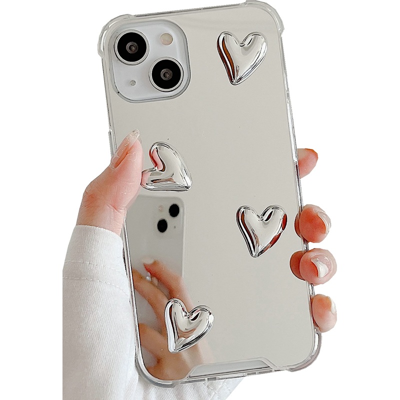 Shinymore iPhone 14 mirror case flexible cute heart soft silicone clear make-up mirror women girl shockproof protect cover case for iPhone 14