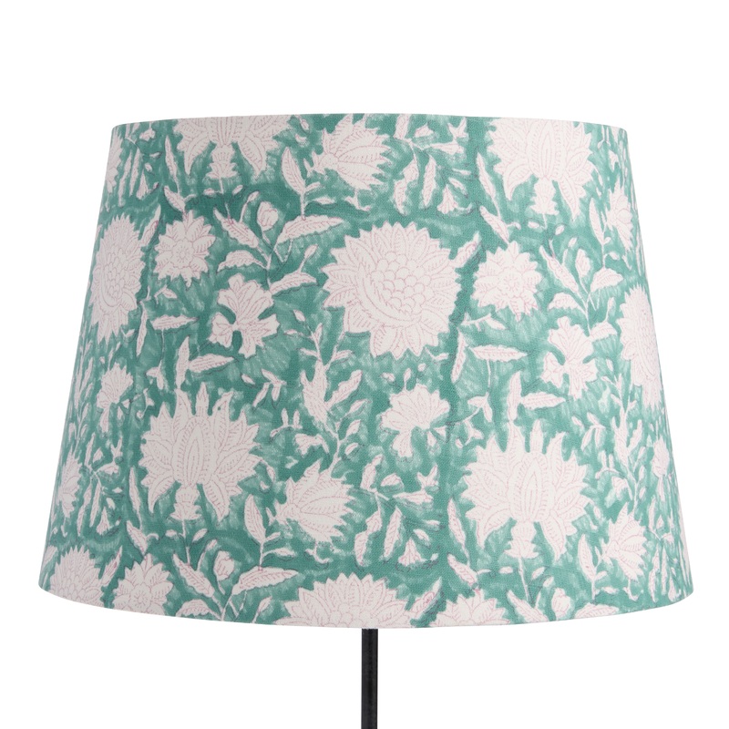 Teal and White Cotton Floral Block Print Table Lamp Shade