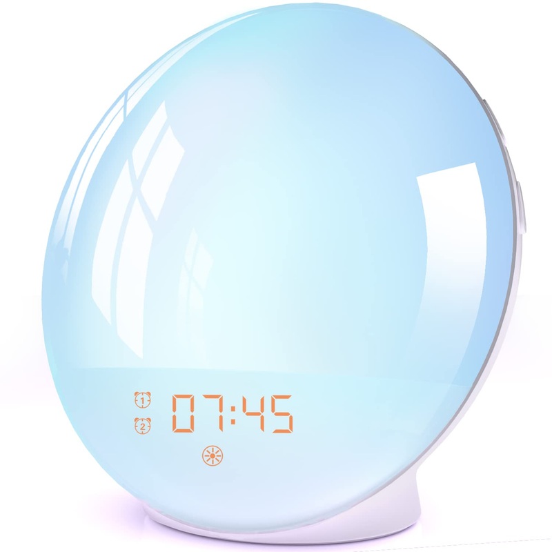 Wake up light light alarm clock sunrise sunset alarm clock with two alarms 7 natural sounds FM radio slumber function and 20 brightness night light to adult & children