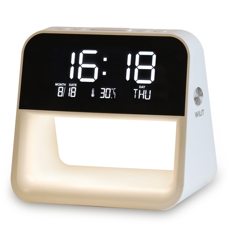 Wilit LED bedside lamp with charging function light alarm clock Touch Dimmable with 3 brightness levels wake up light with double alarm clock and thermometer warm night light lamp for children/adults