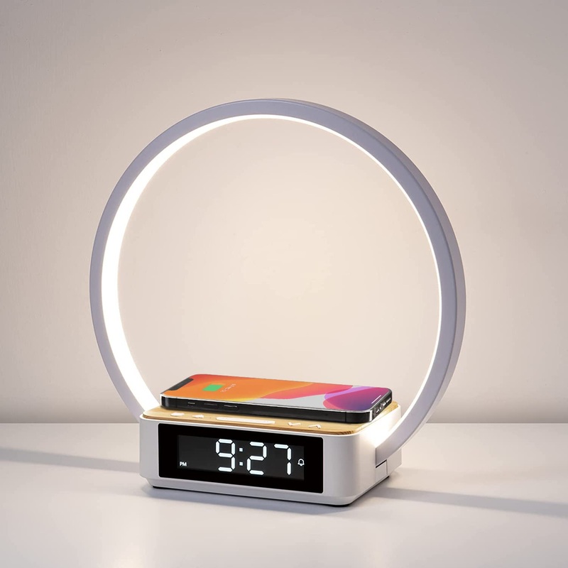 Wilit LED bedside lamp with wireless charging function light alarm clock Touch Touch Dimmable with 3 brightness levels warm night light with 5W wireless charger for bedrooms wood & white 5W wood