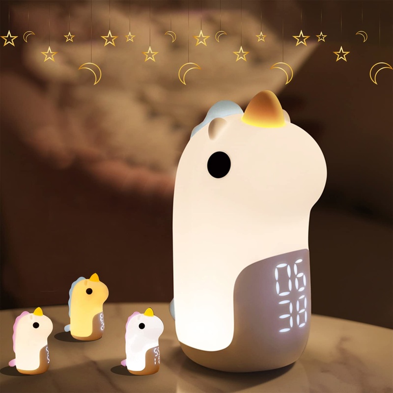 Woukksy children alarm clock with light children’s alarm clock with cute unicorn light alarm clock snooze function rechargeable night light dimmable touch control gift for children girls – blue