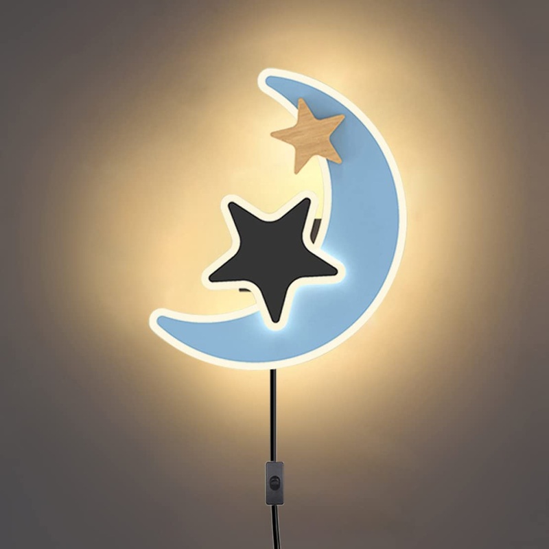 Wrming led wall lamp children’s room moon with plug blue star children wall lamp with switch and cable 3 colors lamp children’s room young girls room lamp decoration moon lamp blue