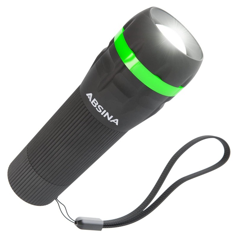 Absina Small LED flashlight Battery -operated – Mini flashlight children with 60 lumens & 110m light width – children flashlight for boys & girls continuously focusable including battery 1 Pack black