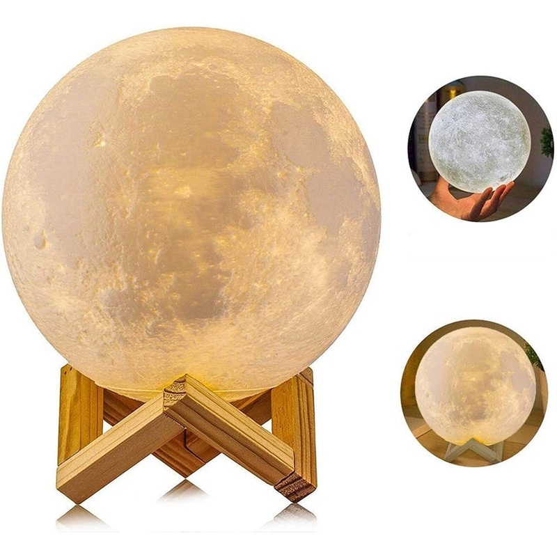 AGM 3D moon lamp 15cm 2 colors USB rechargeable touch lamp sensitive night light with wooden stand for bedrooms 5.9 inch
