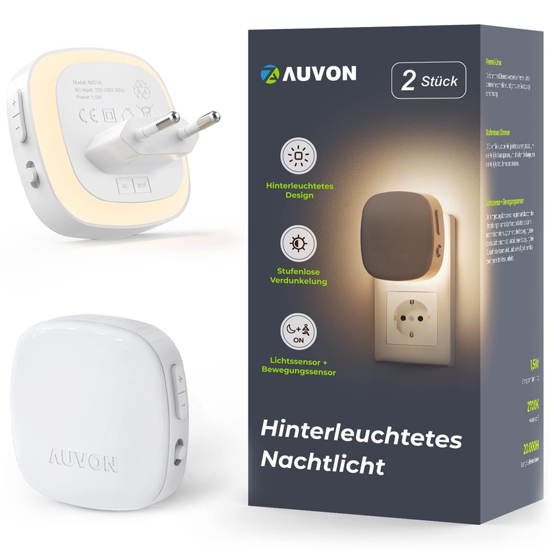 Auvon night light socket with movement sensor and twilight sensor 2 pieces of warm white LED backlit night light with 1-50 lm brightness adjustable for hallway stairs bedroom