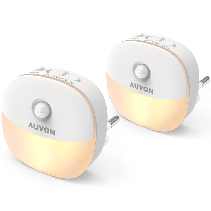 Auvon night light socket with movement sensor and twilight sensor warm white LED night light with 1-50 lm adjustable brightness for children’s room bedroom gear kitchen 2 pieces