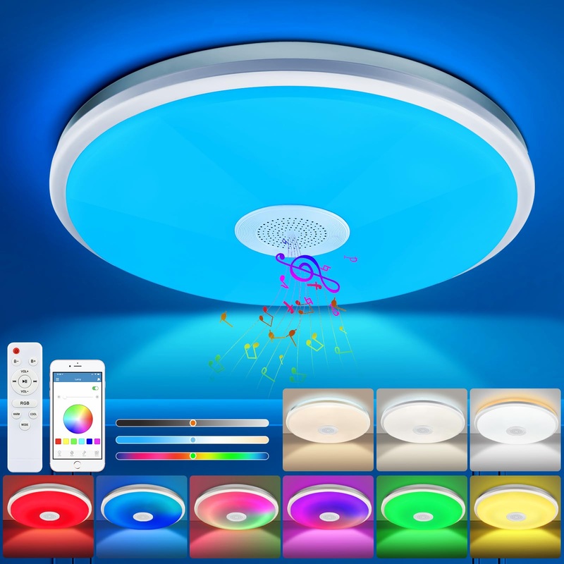Chedux 48W LED ceiling lamp Dimmable with Bluetooth speaker remote control and app control LED ceiling lamp with RGB color change music for bedroom children’s room living room