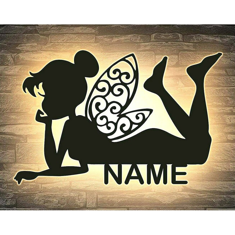 Fairy girl elf with wing lying led decoration slumber light night light personalized with desired name evening light children’s room living room gift in 13 MDF wooden colors & 7 LED colors