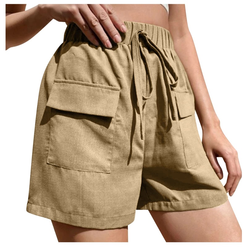 Haiorziyou ladies sport shorts elastic waistband cord strain short trousers running shorts jogging pants with bags hot pants in monochrome just wide leg short pants leisure pants xl khaki