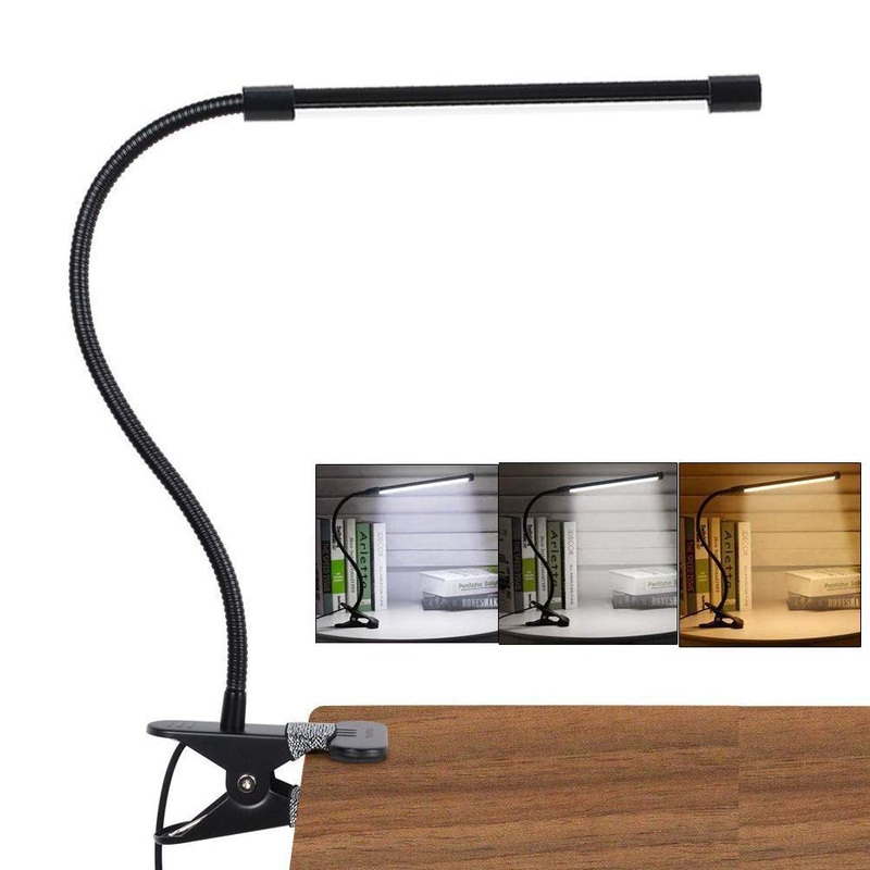 LED clamping lamp Dimmable reading lamp terminals with 3 light modes & 10 brightness levels USB powered portable flexible flexible swan neck for bedroom office 7W (black)