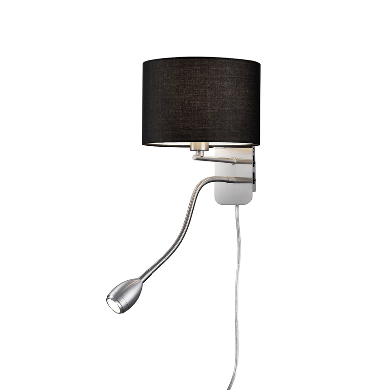 Lightling modern wall lamp in nickel matt with adjustable reading arm fabric screen black 1 x E14 max. 40W 20 cm height: 23.5 cm wall light black