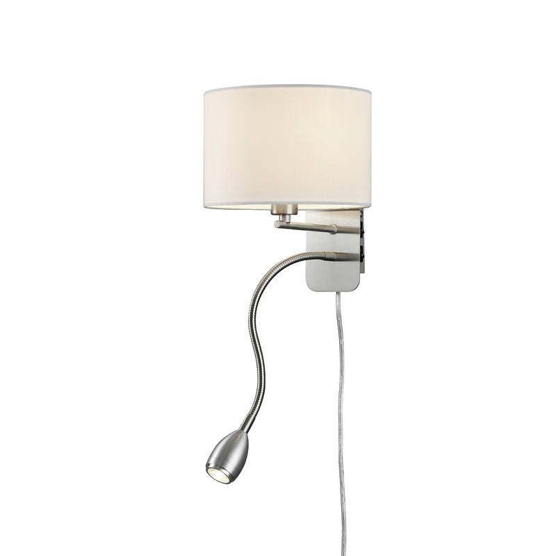 Lightling Modern wall lamp in nickel matt with adjustable reading arm fabric screen white 1 x E14 max. 40W 20 cm height: 23.5 cm wall light white