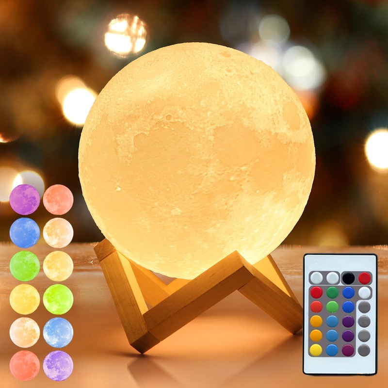 Mydethun 2024 update 16 colors with wooden base Mother’s Day gift 12cm LED 3D moon light remote control USB charging night light lamp for children girls bedrooms home decoration multicolor