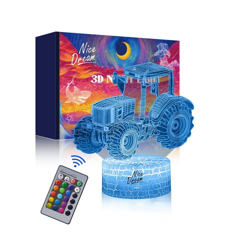 Nice dream tractor night light for children 3D illusion lamp children’s room led light remote control 16 color change dimmable Christmas gifts for girls young living room bedroom decor 26-tractor