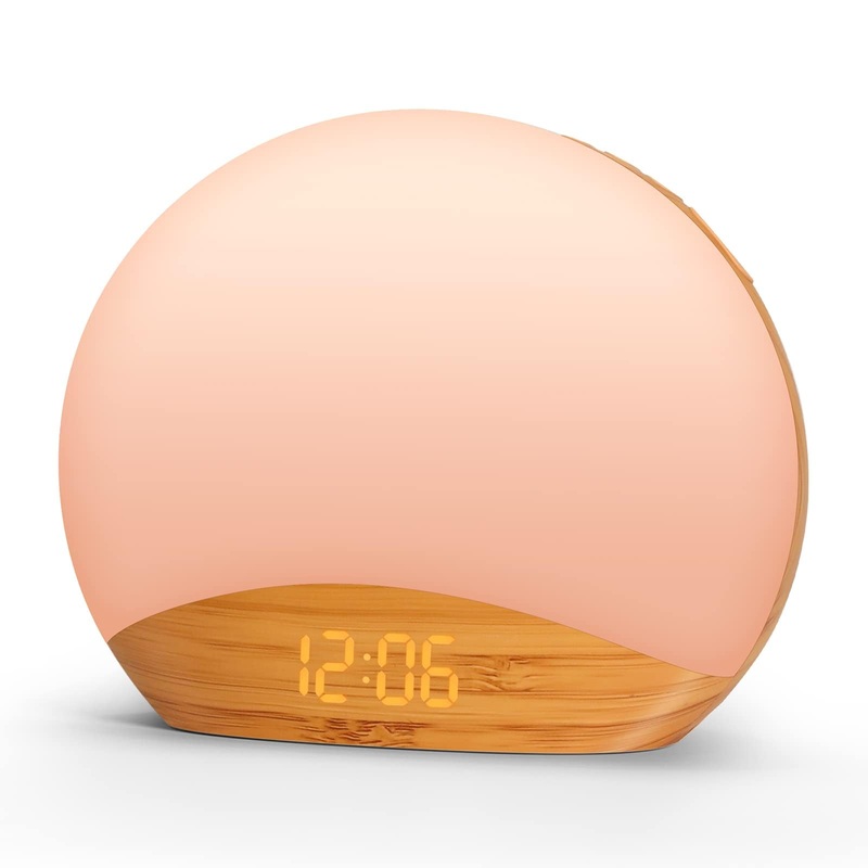 REACHER Wood Wake Up Light Alarm Clock Sunrise Simulation Bedside Lamp White Noise Machine 8 Colors NightLight Digital Dimmable Clock 26 Natural Sounds Snooze Sleep Timer for Kid Adult Wood Grain