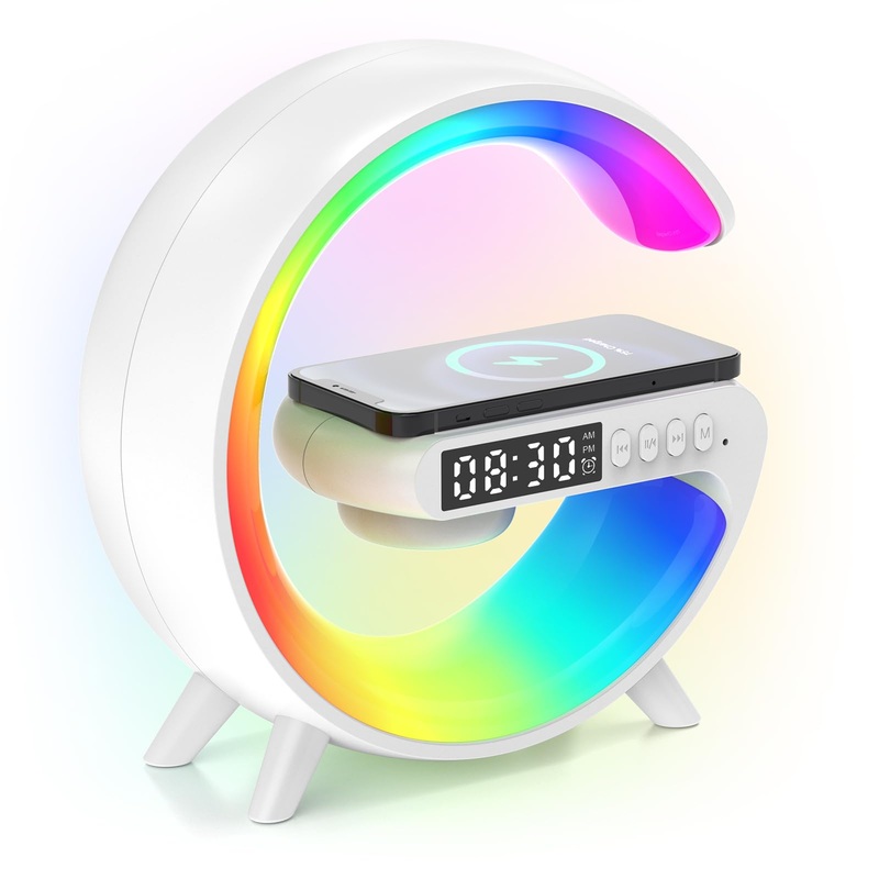 Sunrise Alarm Clock Wake Up Light with Bluetooth Speaker Wireless Charger Bedside Night Lamp with Snooze Function Dimmable Night Light RGB Color Changing Atmosphere Lamp for Bedroom (White)