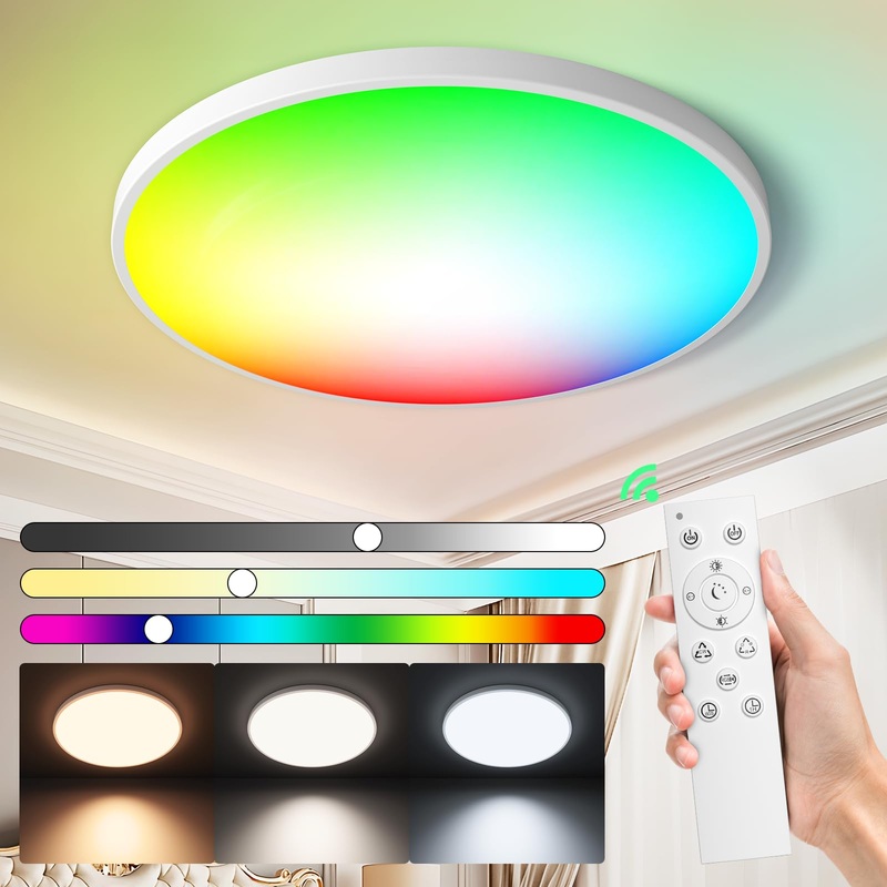 Fantictas RGB LED ceiling lamp Dimmable with remote control 24W 3200lm children’s room lamp ceiling panel for bedroom living room children’s room kitchen 3000k-6500k energy class f