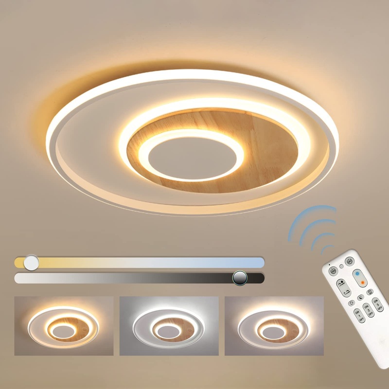 Fitzmia LED ceiling light ceiling lamp with wood ceiling lamps dimmable with remote control modern round wood ceiling lamp for bedroom children’s room living room kitchen ( 31.5cm 24W)