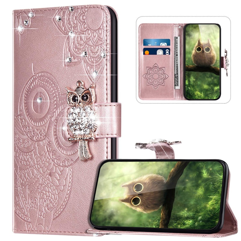 Mobile phone case for Xiaomi Redmi Note 8 Pro F lle Leather Xiaomi Redmi Note 8 Pro Folding Shell Cell Phone Bag Bling Diamond Owl Pattern Bag Leather Flip Case Leder Case Magnetic Protective Case Rose Gold