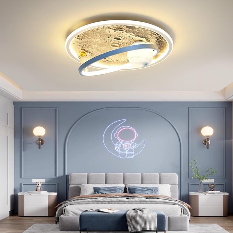 Ruirfh Led Cartoon children’s room lamp creative ceiling lamp glass lampshade ceiling lamp with remote control Dimming function moon astronaut design ceiling light decoration baby room library living room b styles
