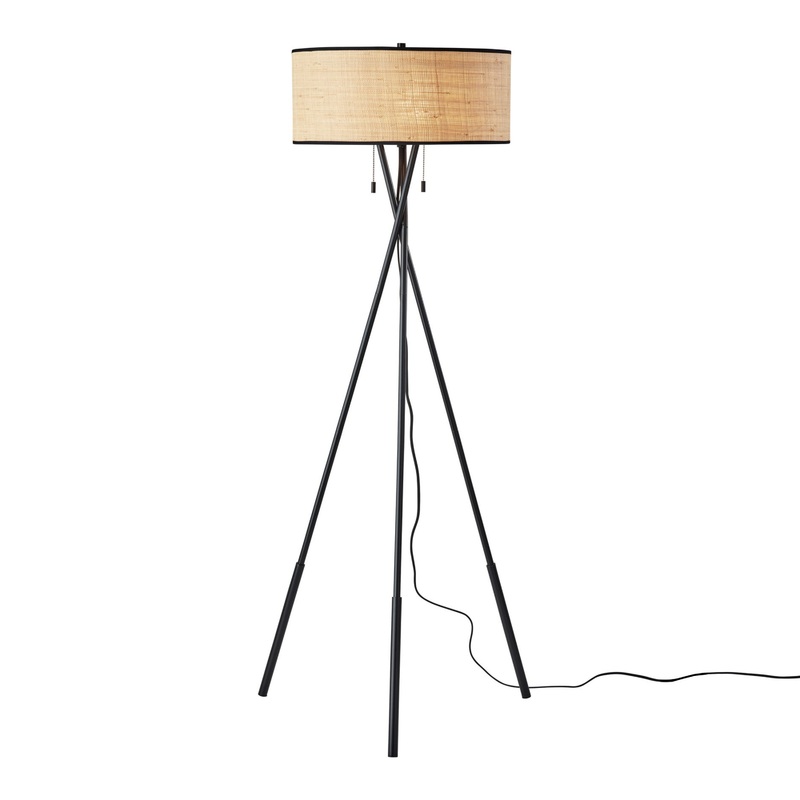 Seymour Natural Rattan and Black Metal Tripod Floor Lamp