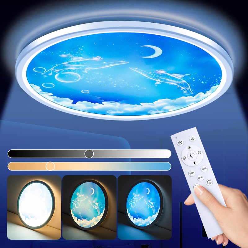 Wholede LED ceiling lamp flat ceiling lamp round with moon motif 24W 3000lm 3000-6500K Ultra thin lamp with remote control for children’s room living room corridor balcony 29.5cm 1PCs