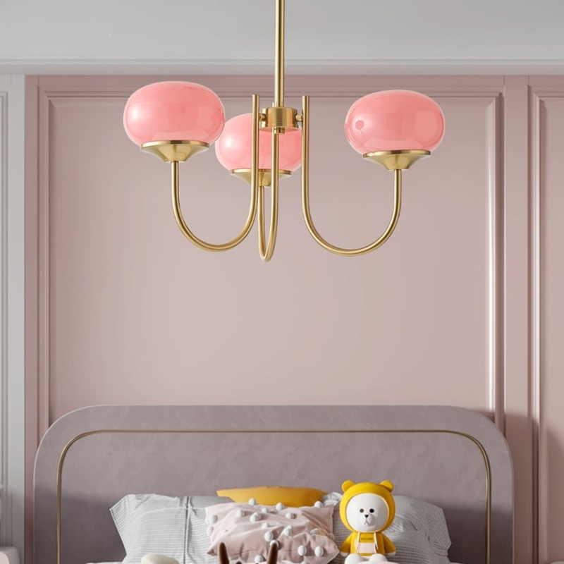 3-Light Modern Gold Chandelier Pendant Light with Pink Glass Globe Lamp Shade Decor