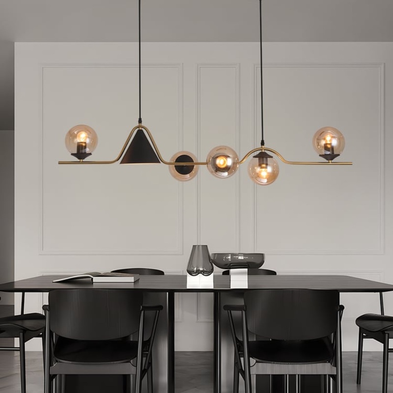 6-Light Gold & Black Geometric Rectangular Kitchen Island Light Globe Ceiling Light