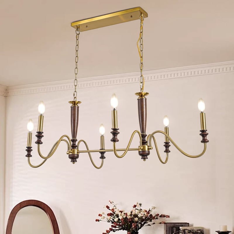 6-Light Kitchen Island Lighting-Solid Wood Chandelier 46″