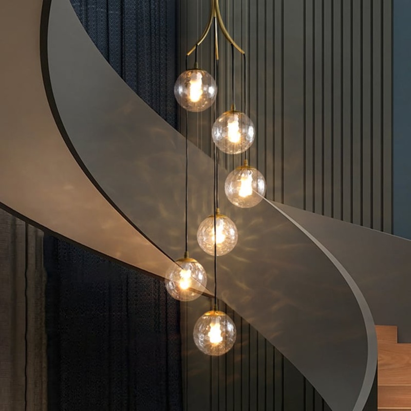 6-Light LED Glass Entryway Foyer Bubble Chandelier Tiered Long Pendant Light in Gold