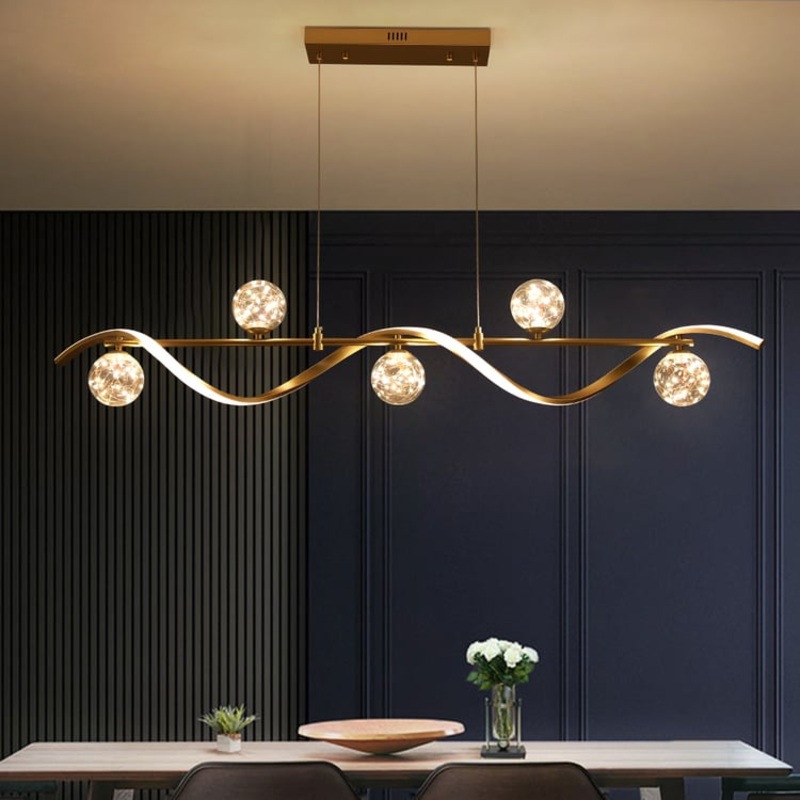 6-Light LED Linear Kitchen Island Lighting in Gold with Glass Globe Shade Dimmable