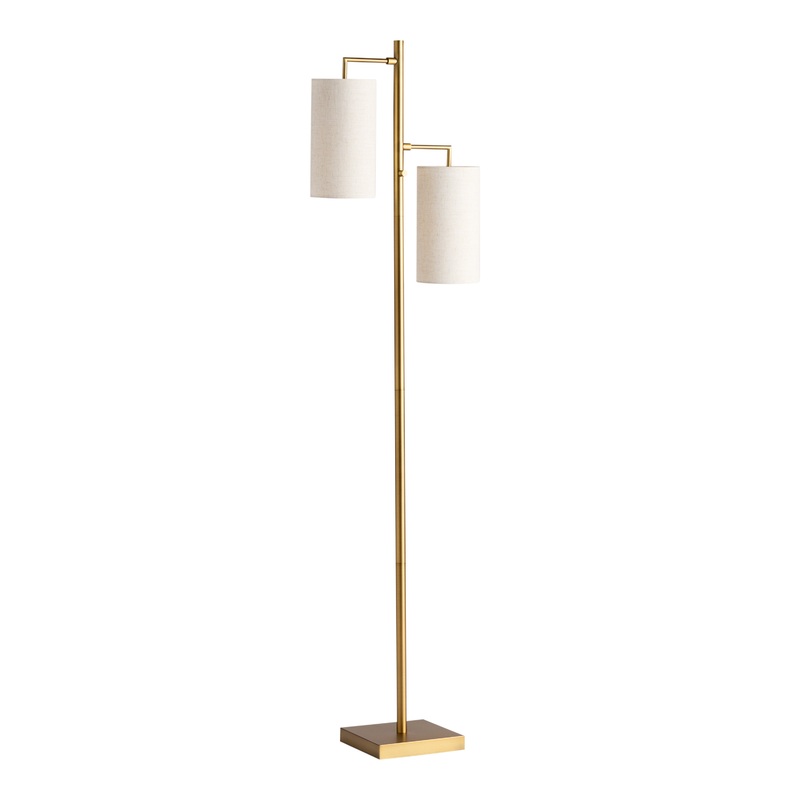 Brass and White Linen Textured 2 Light Floor Lamp