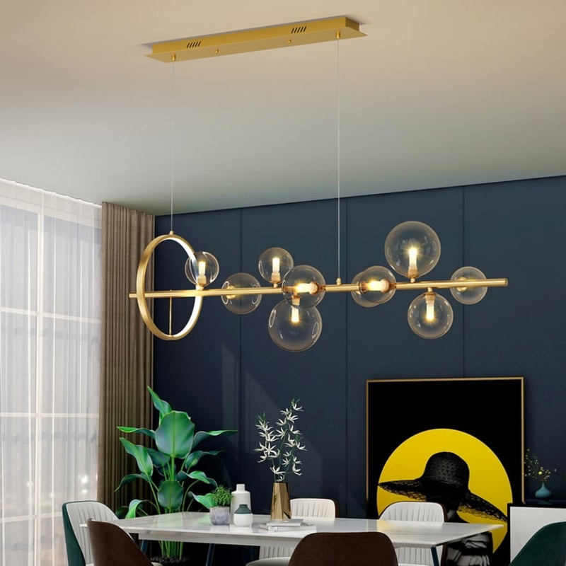 Bubi 10-Light Modern Linear Kitchen Island Light in Gold with Glass Globe Shade