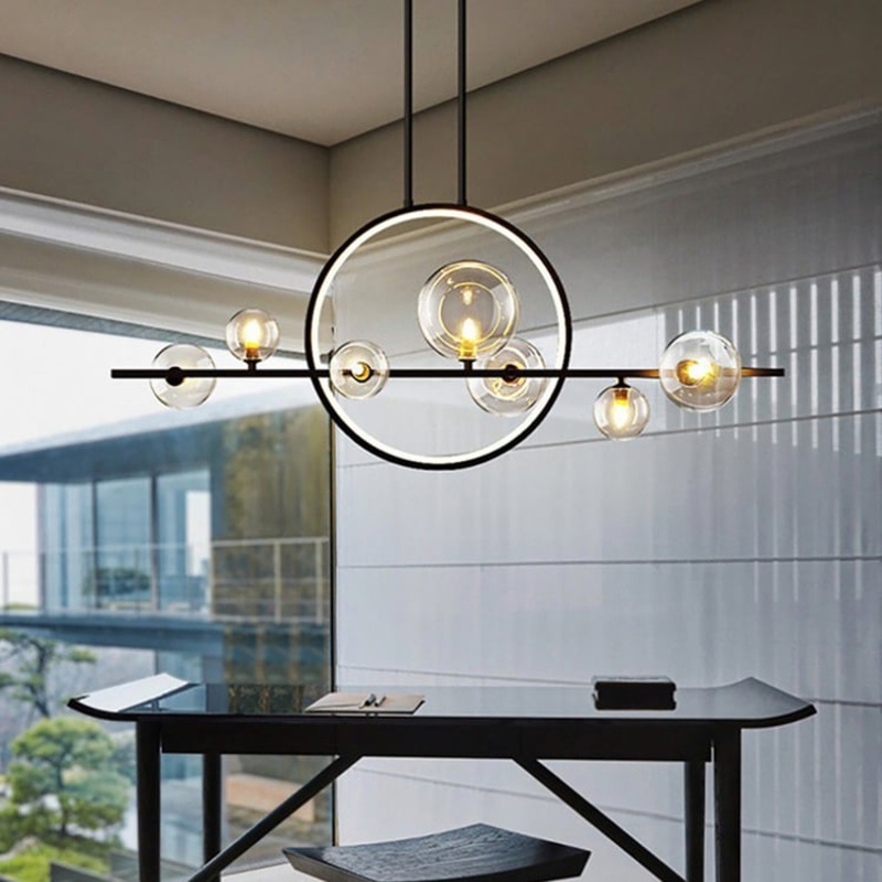Bubi Minimalist 7-Light Glass Globe Shade Black Kitchen Island Light for Dining Room