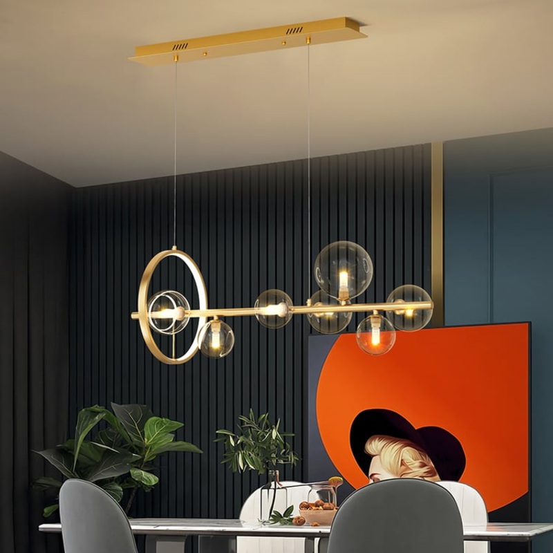 Bubi Modern 7-Light Gold Linear Kitchen Island Light with Glass Globe Shade