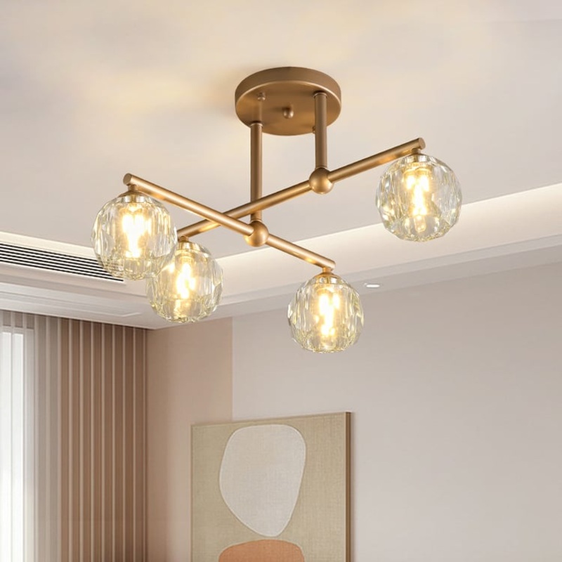 Gold 4-Light Crystal Shade Modern Semi-Flush Mount Chandelier Ceiling Light