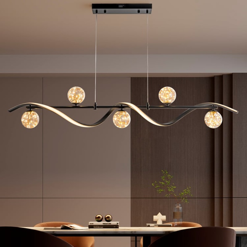 LED Linear Kitchen Island Light  6-Light Dimmable Black Fixture with Glass Globe Shades