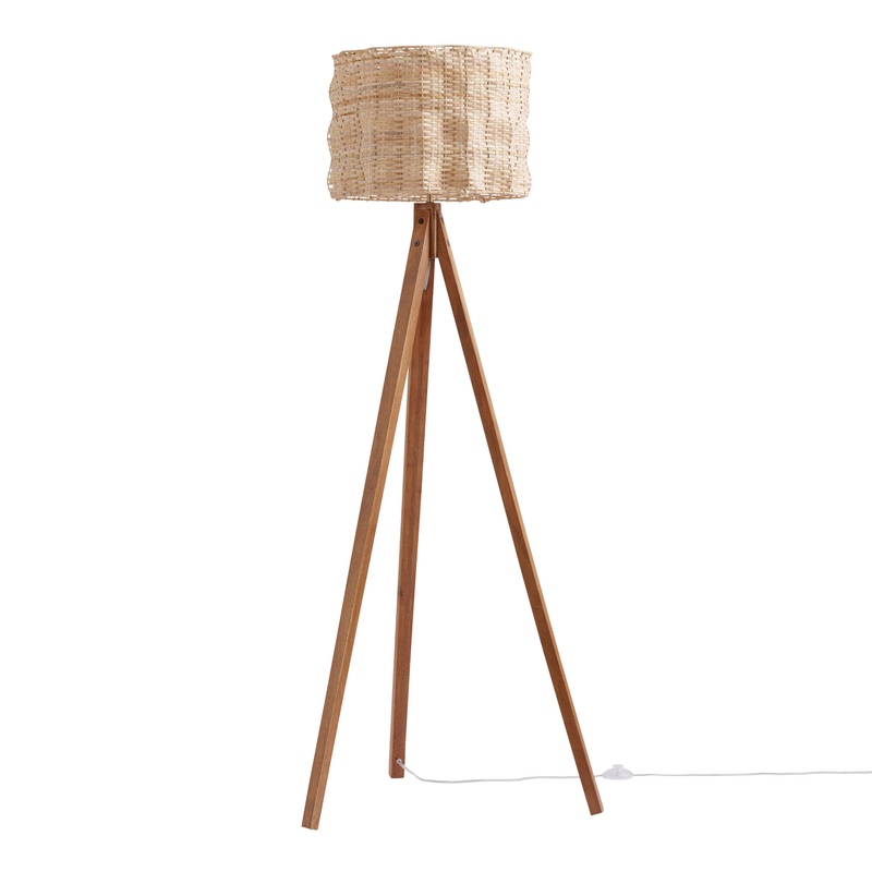 Liloh Honey Wood and Rattan Wavy Shade Tripod Floor Lamp