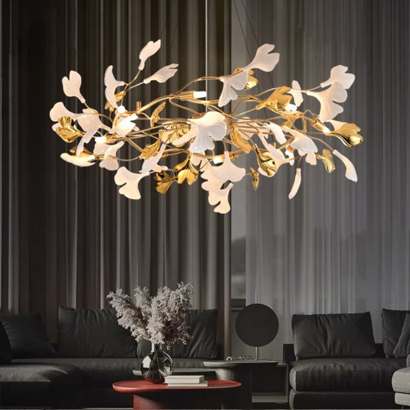 Martly 8-Light Art Deco Ginkgo Leaves Chandelier White & Gold Metal Ceiling Light