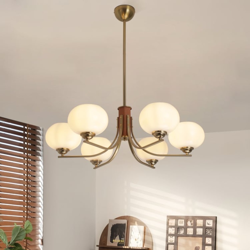 Mid-Century Modern 6-Light Chandelier with Bowl Shade