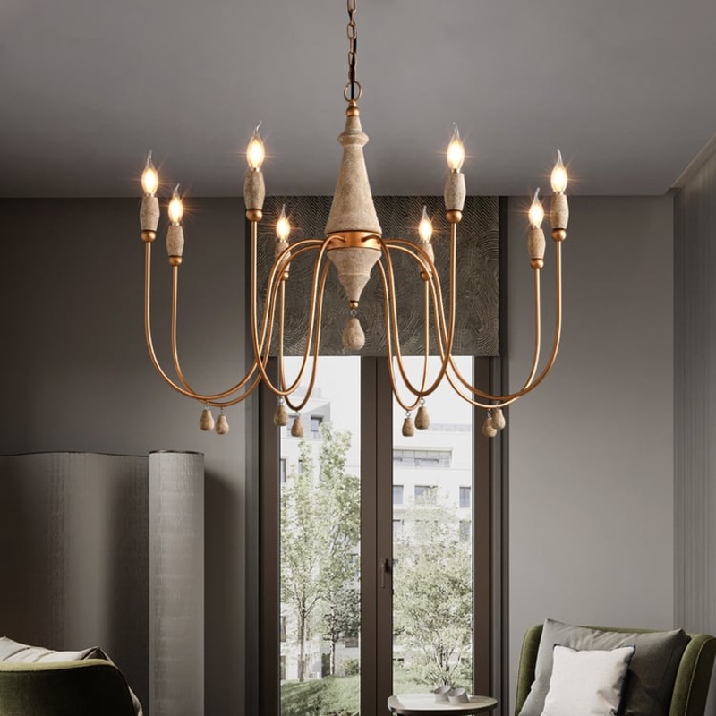 Mid Century Modern Farmhouse 8-Light Candle-Style Chandelier Wood Pendant Light in Gold