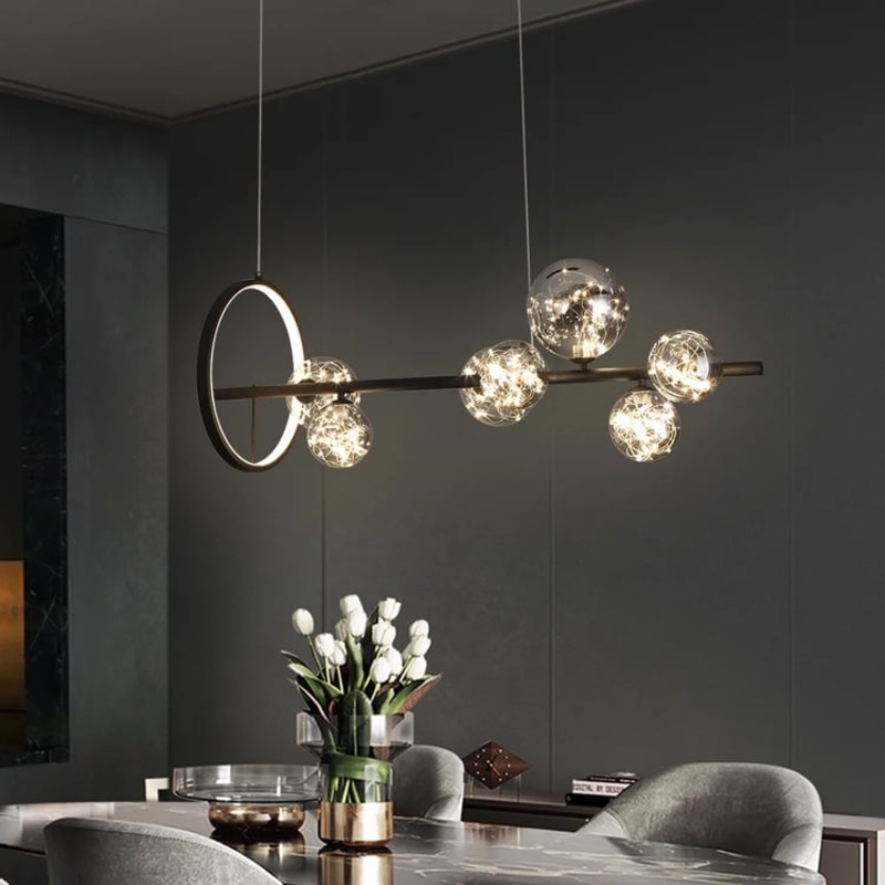Modern 7-Light Black Kitchen Island Light with Glass Globe Shade Ceiling Pendant Lights