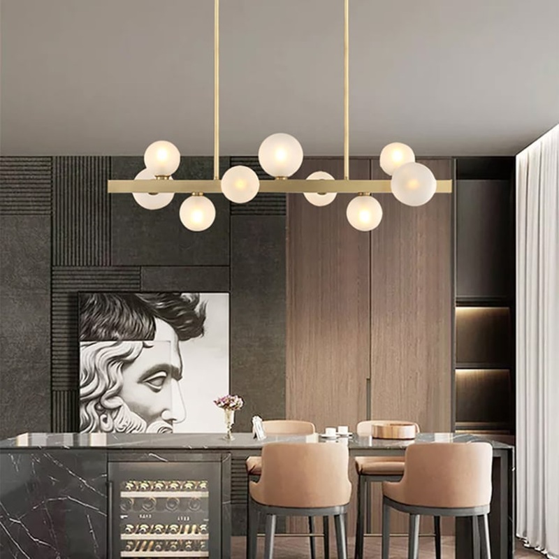 Modern Gold Island Light Fixture for Kitchen 9-Light Linear Chandelier Glass Shade