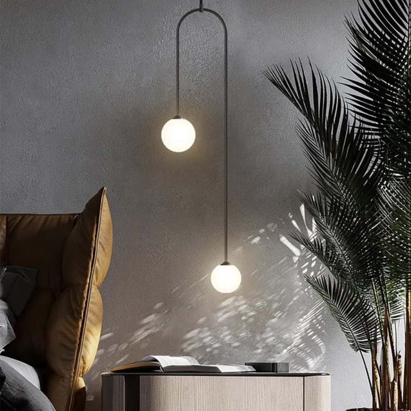 Modern Pendant Light Glass Globe 2-Light U-Shaped in Black for Living Room and Bedroom